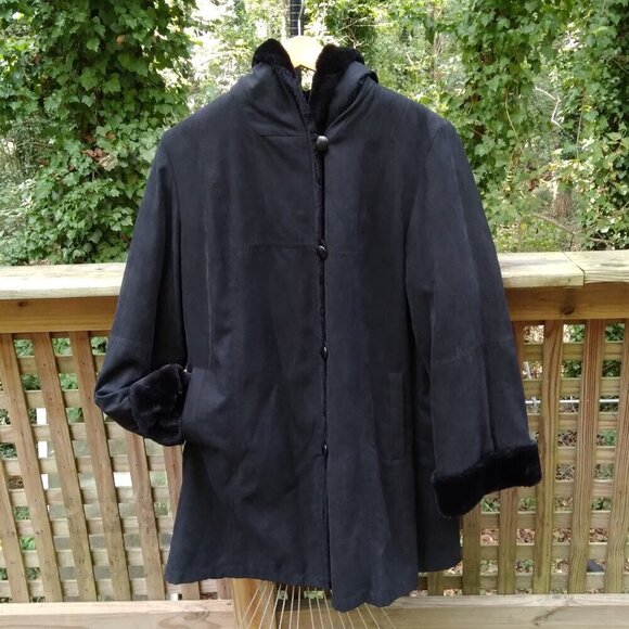 Vintage Y2K Hooded Black Faux Suede Coat Lined in Black Faux Fur  Coat Sz M/L - Picture 6 of 13